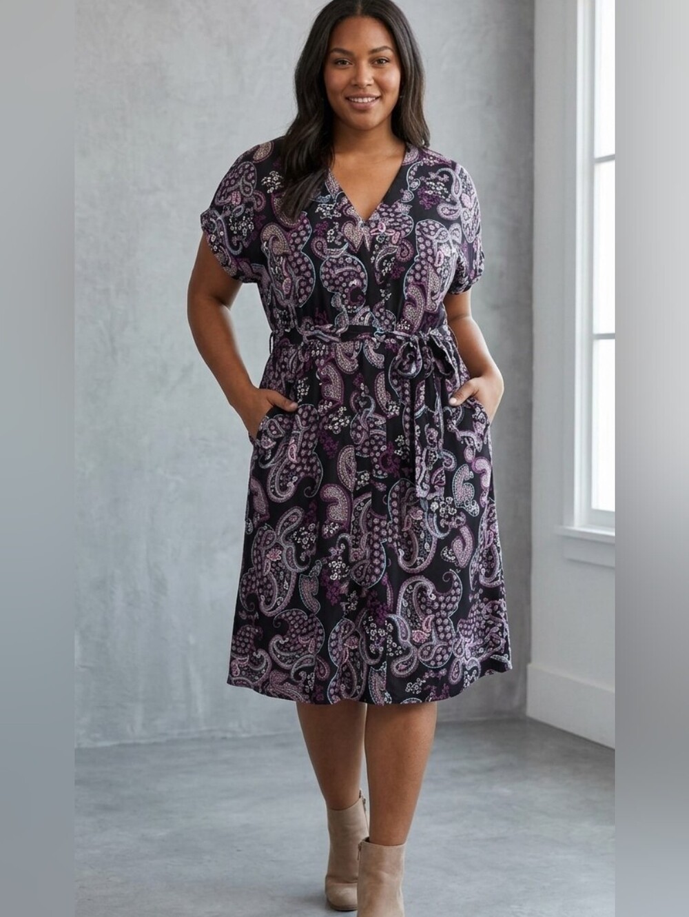 Torrid Black Purple Paisley V-Neck Pocket Midi Dress Plus Size 3X (Torrid 3)